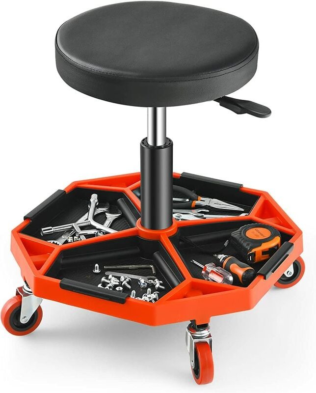 Werkstatthocker 41-56cm höhenverstellbar, Rollhocker mit Werkzeugablage & 4 Universalrädern, Funktioneller Arbeitshocker...