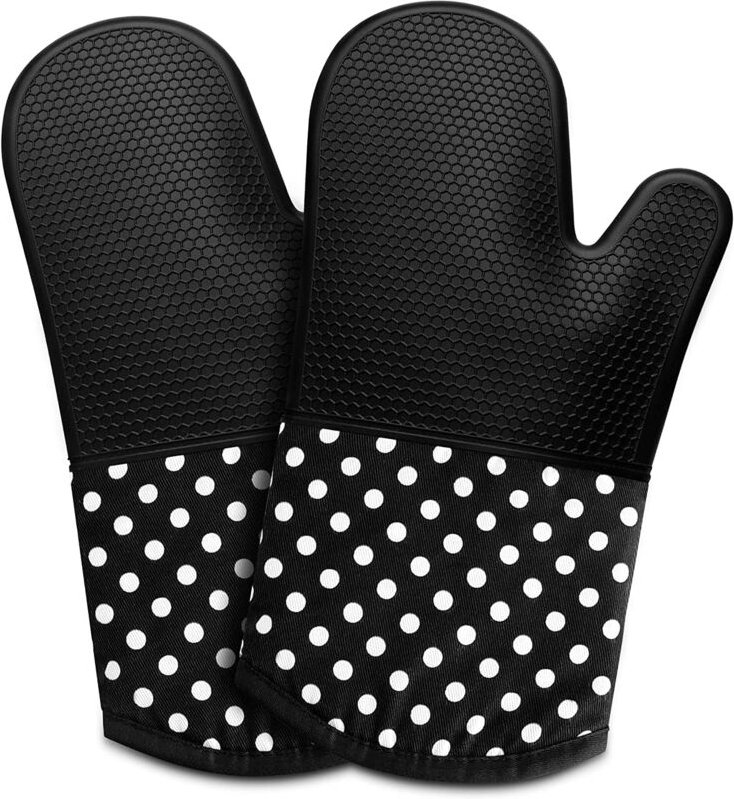 Hitzebeständige Ofenhandschuhe mit rutschfestem Silikon, Küchenhandschuhe, Backhandschuhe zum Kochen (schwarz)