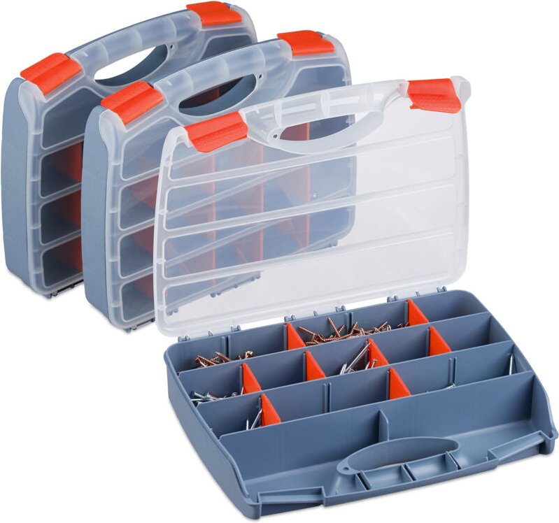 Sortierbox 3er Set, verschließbarer Werkzeugkasten, Kleinteilebox konfigurierbar, hbt 6x32x26 cm, grau-rot - Relaxdays