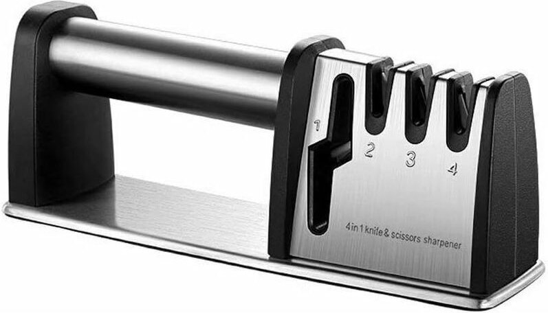 Professioneller 4-in-1-Messerschärfer mit Diamantbeschichtung und rutschfester Edelstahlbasis für Scheren und Küchenmess...