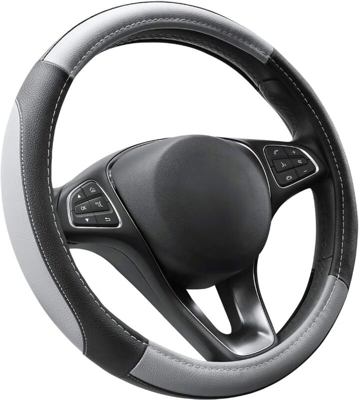 Thumbnail - Lenkradbezug aus grauem und schwarzem Mikrofaserleder, mittlerer Durchmesser 37–38 cm