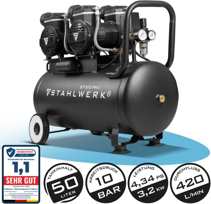STAHLWERK Kompressor ST-510 Pro 10 bar 4,34 PS 3,2 kW 420 l/min 50 l Tank ölfrei