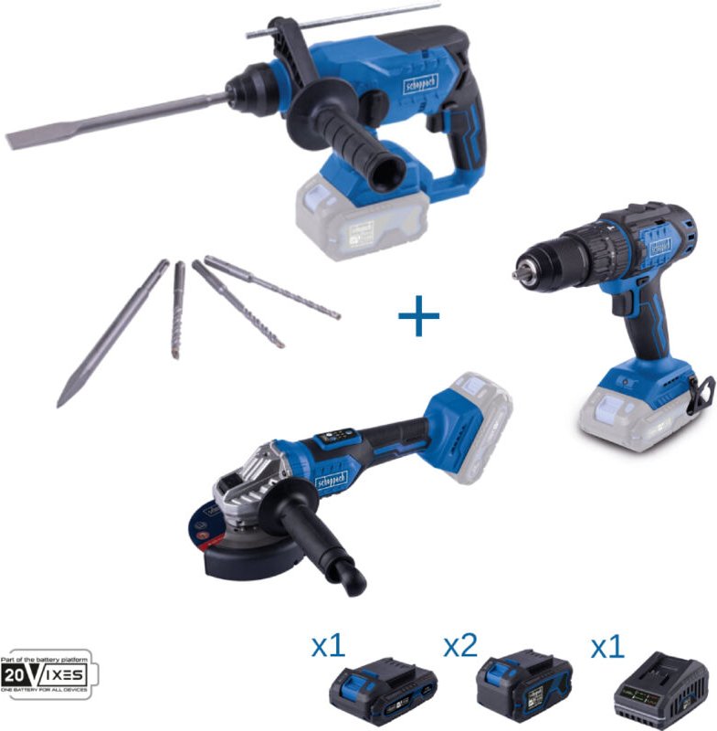 Scheppach - Set mit 3 Elektrowerkzeugen 20V Serie ixes mit 3 Akkus und Ladegerat