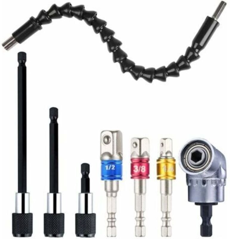 1 flexibler Bohrerverlängerung + 1 rechtwinkliger Bohreradapter + 3 Schlagschrauberbits + 3 Schraubendreher-Bithalter