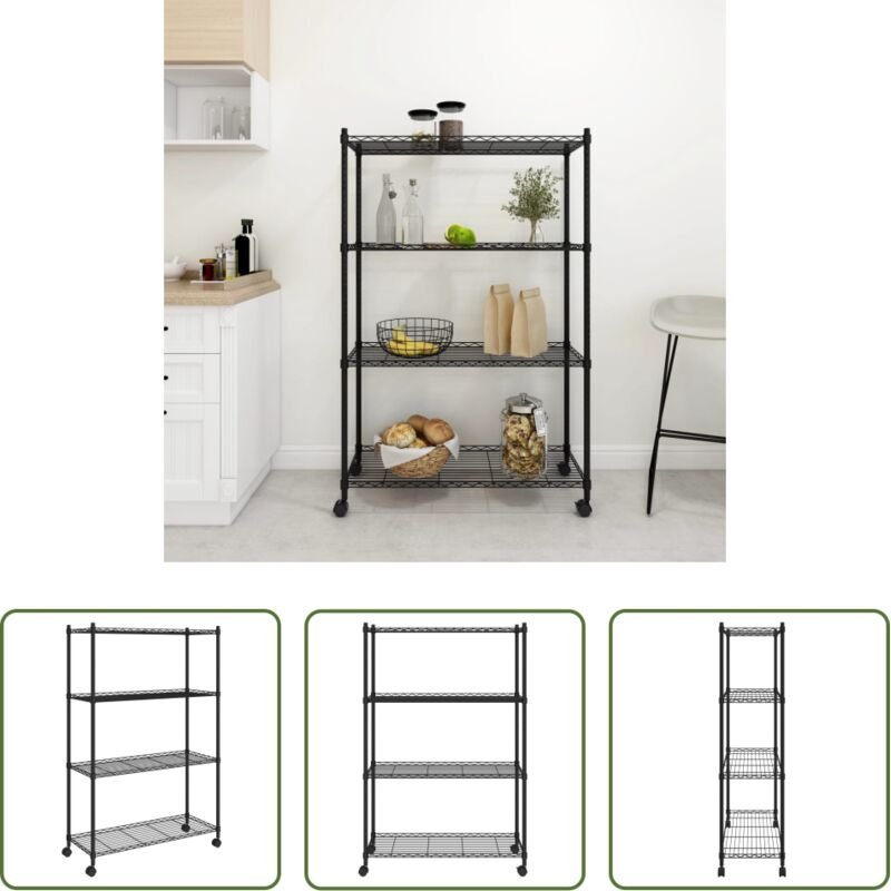 Lebensmittelregal - Lagerregal mit 4 Böden und Rollen 90x35x142 cm Schwarz 200 kg