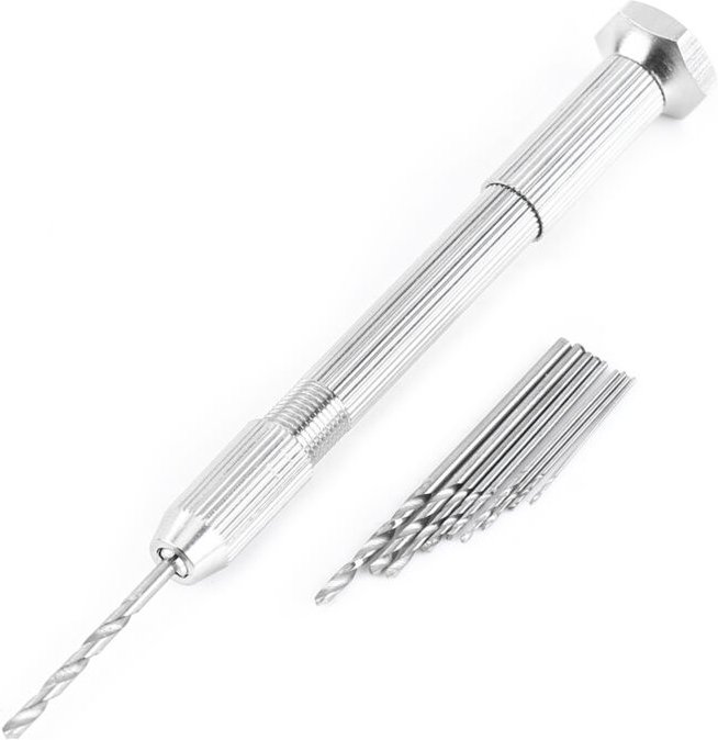 Handbohrmaschine in Silber mit 10 HHS-Bohrern, Bohrwerkzeug zur Reparatur von Leiterplatten und Uhren.