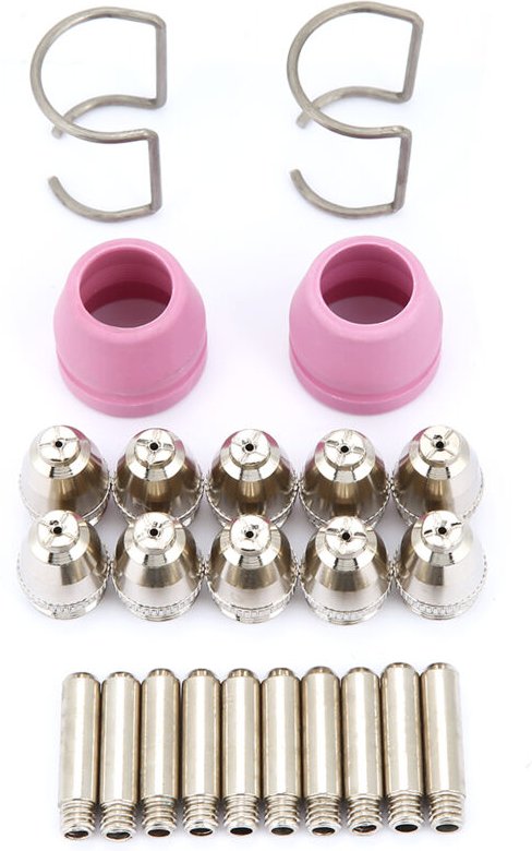 24-teiliges Set für den Plasmaschneidbrenner AG60 SG55: Verbrauchsmaterialien, Elektroden, Düsen und Düsenbecher.