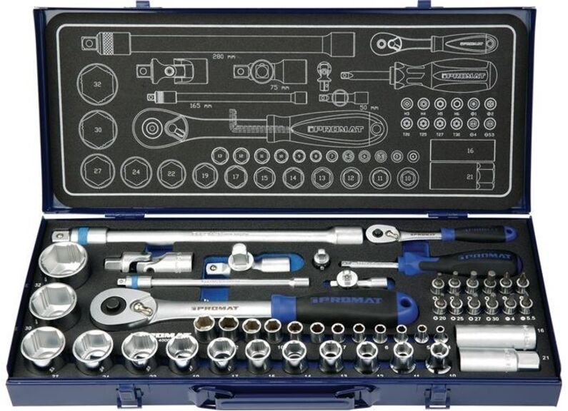 Steckschlüsselsatz 55-teilig 1/4 + 1/2 ″ Schlüsselweiten 4-32 mm Anzahl Zähne 36/36 6-Kant