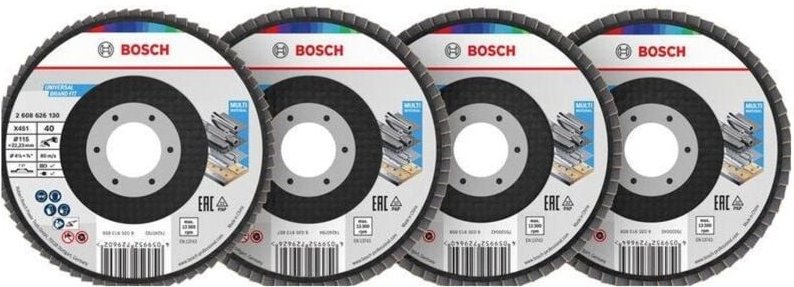 Bosch X451 Fächerschleifscheiben Set, 115 x 22,23 mm, K40/K60/K80/K120, Z27, 60-tlg.