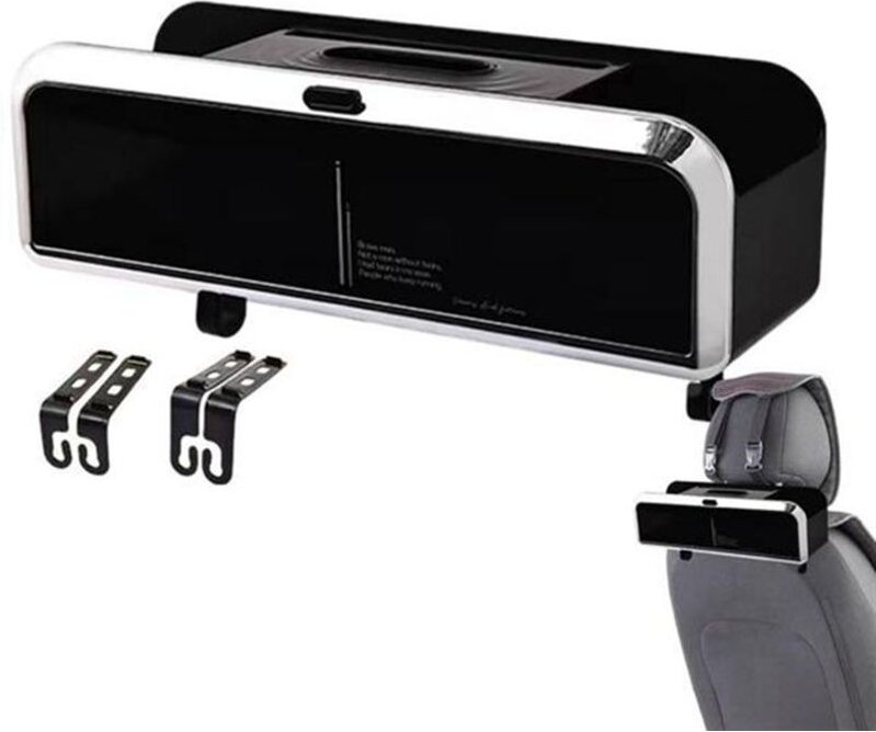 Multifunktionale Taschentuchbox Fürs Auto mit Haken Zur Organisation Wichtiger Reiseutensilien, Versilbert/Schwarz