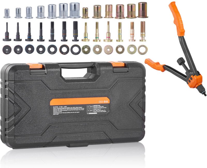 Nietmuttern-Werkzeugsatz, 16-Zoll-Nietmutternwerkzeug mit 13 metrischen und SAE-Dornen, 186 Nietmuttern (M3–M12, 1/4-20 ...