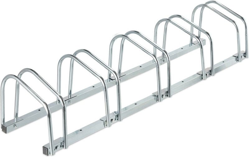 Relaxdays Fahrradständer Boden, für 5 Räder, bis 60 mm Reifenbreite, Metall, Garage, Fahrrad-Aufstellständer, silber