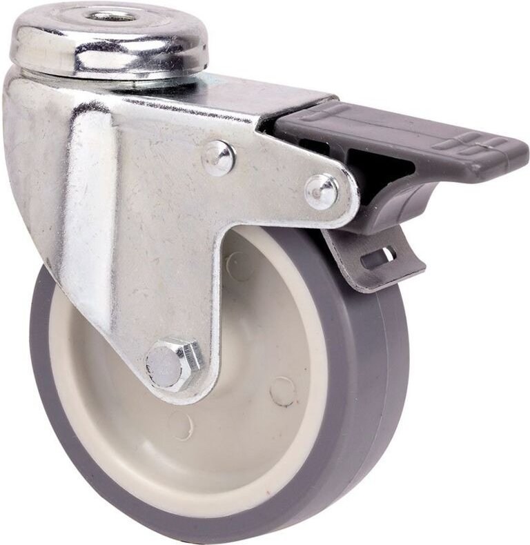 Gummi-Lenkrolle mit Loch, glatter Achse und Feststeller, grau, max. Tragkraft 40 kg, ø 5 cm