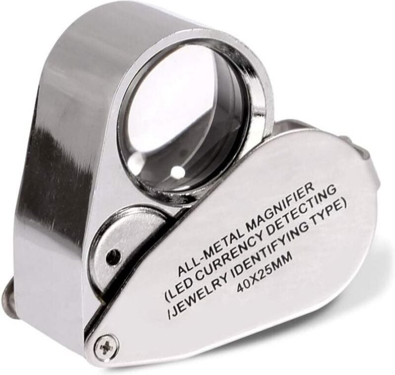 Lupa de joyero plegable de 40 aumentos con luz LED (detección de moneda LED/identificación de joyeros)