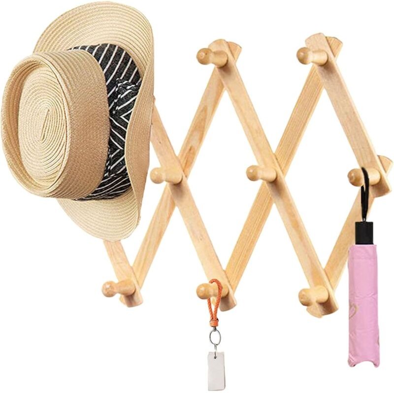 Ausziehbarer, wandmontierter Kleiderständer aus Holz mit 10 Haken, vertikalen Wäscheklammern und Aufbewahrungsmöglichkei...