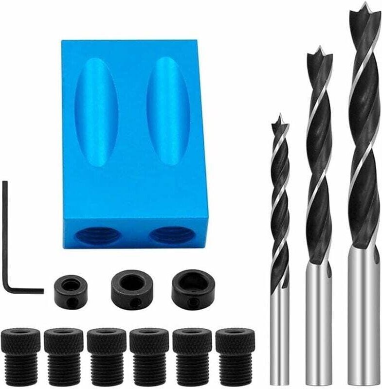 Schrägbohrlehre, Taschenlochlehre mit 15. Bohrer, Tischlerpositionierer, Holzbearbeitungs-Eckenbohrführung mit 6/8/10 mm...