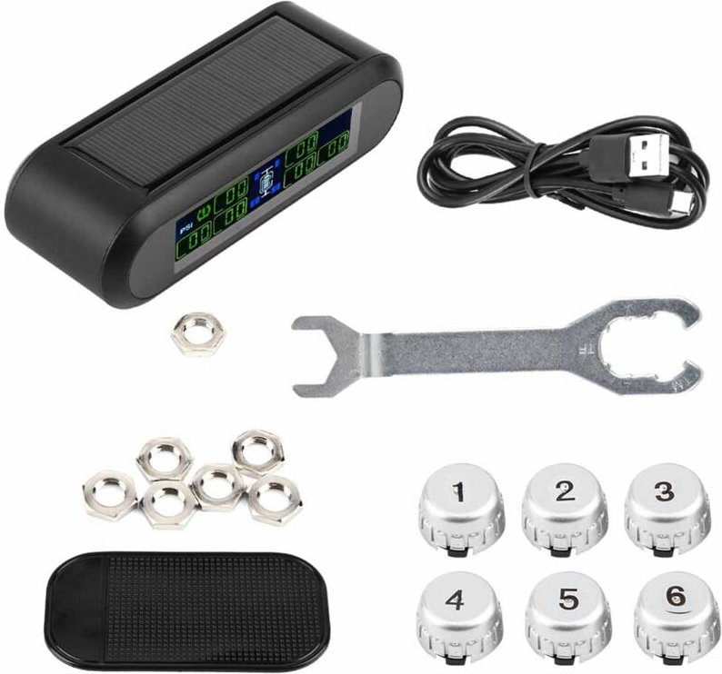 Yctze Reifendruckkontrollsystem TPMS 6 Externe drahtlose Sensoren Solarbetriebenes Reifendruckkontrollsystem LCD-Monitor...