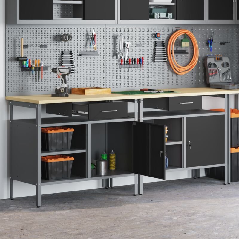 Werkbank-Set mit Regal 2 pcs Schwarz 200 x 55 x 85 cm Stahl vidaXL