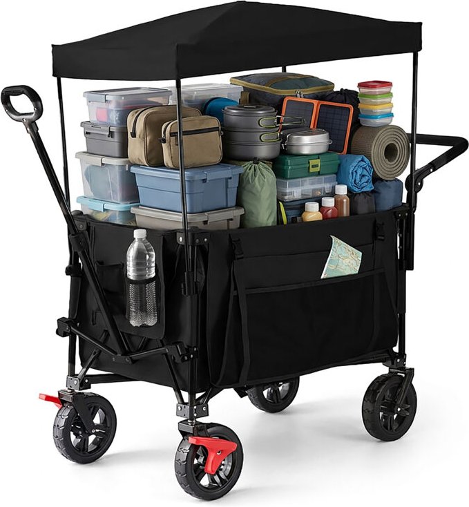 Relaxdays Bollerwagen, faltbar, 150 kg, Dach, Teleskop- & Schiebegriff, Gummireifen mit Bremse, Transportwagen, schwarz