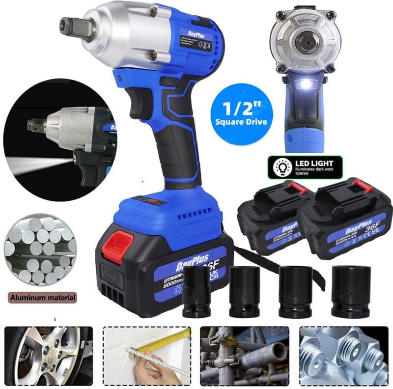 Dayplus - Bürstenloser Schlagschrauber 21V 1/2'' 2X 6.0AH Akkus + ladegerät + nüsse + koffer