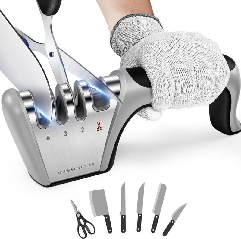 4-in-1 Profi-Messerschärfer für die Küche – Schärft Edelstahl-, Keramikmesser und Scheren – Inklusive rutschfester Gummi...