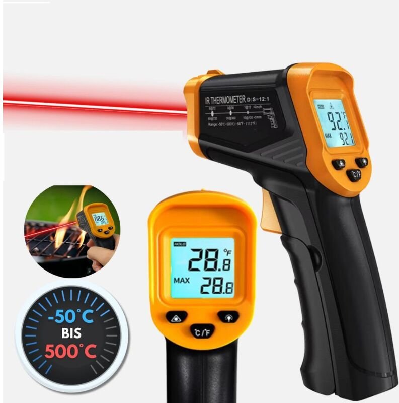 Laser-Thermometer, -50 °C bis 500 °C Infrarot-Temperaturmesser berührungslos mit einstellbarer Emissivität, Pizzaofen-Th...
