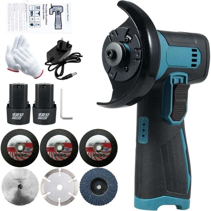 Vtizikl Mini meuleuse d'angle 12 V,Diamètre de la lame de meulage de 3"/76 mm,19500RPM,Meuleuse d'angle sans fil 2 batte...