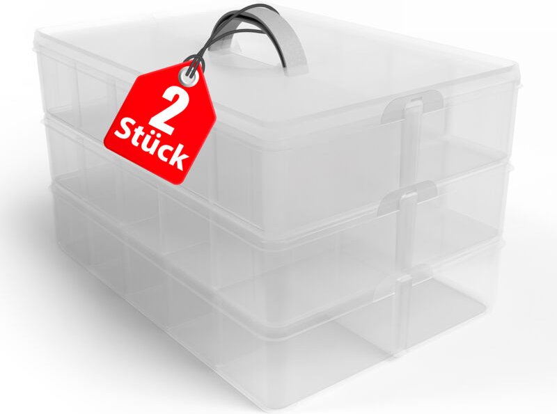 BigDean Sortierbox 2 Stück Aufbewahrung mit Griff, Transparent, 24 x 18,5 x 16 cm, 3 Etagen m. 21 Fächern,für