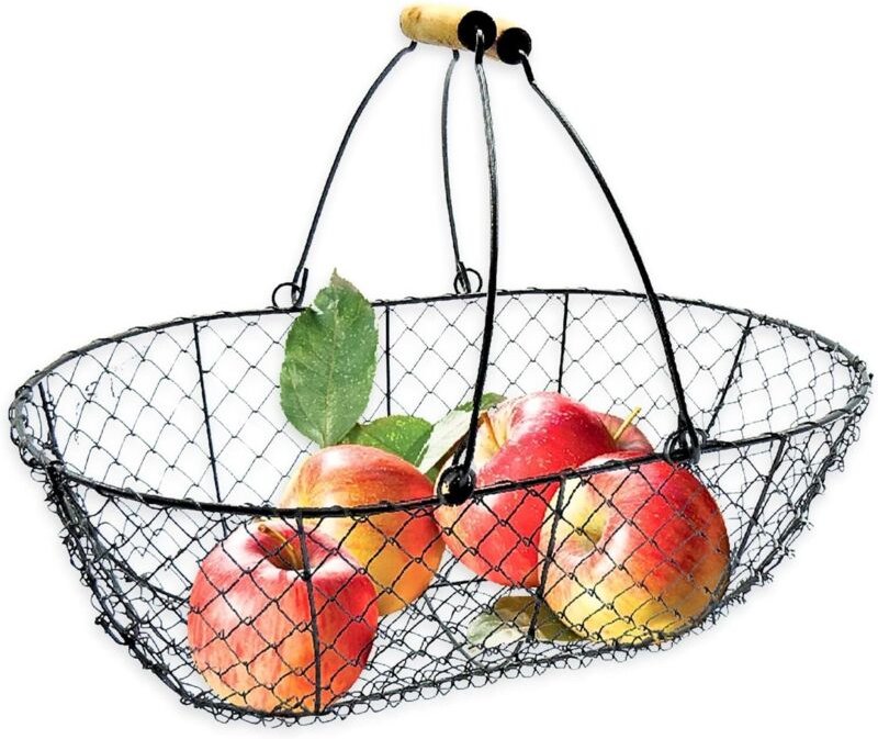 Erntekorb, 8 l, aus schwarzem Metall – Obstpflückkorb mit Holzgriffen – Obstsammelkorb