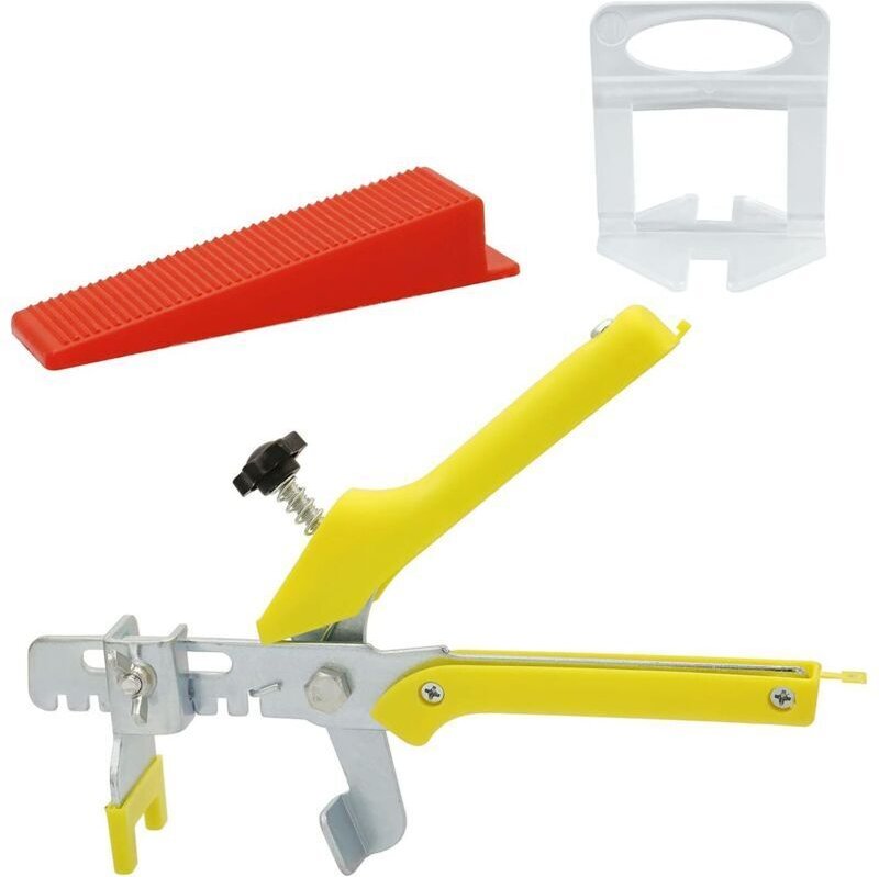 Fliesenverlegesystem – 300 Fliesenabstandshalter (2 mm), 100 Fliesenkeile und 1 Hebelklemme für Bodenfliesen (Rot)