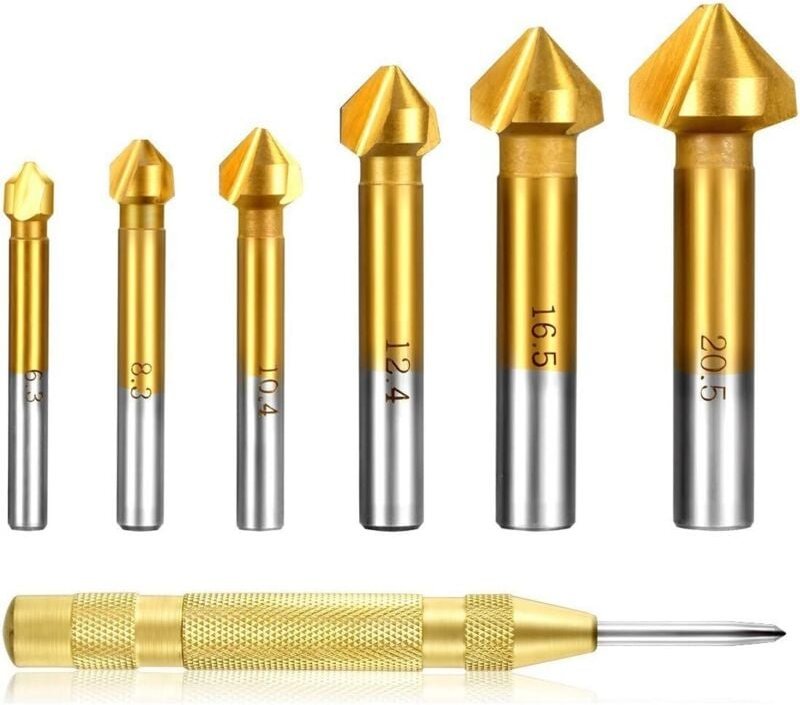 6 tlg 90° Kegelsenker Satz HSS Senker Set, Titan-Beschichtungen Ø 6,3-20,5 mm Senkbohrer mit 1 Pack Messing Automatische...
