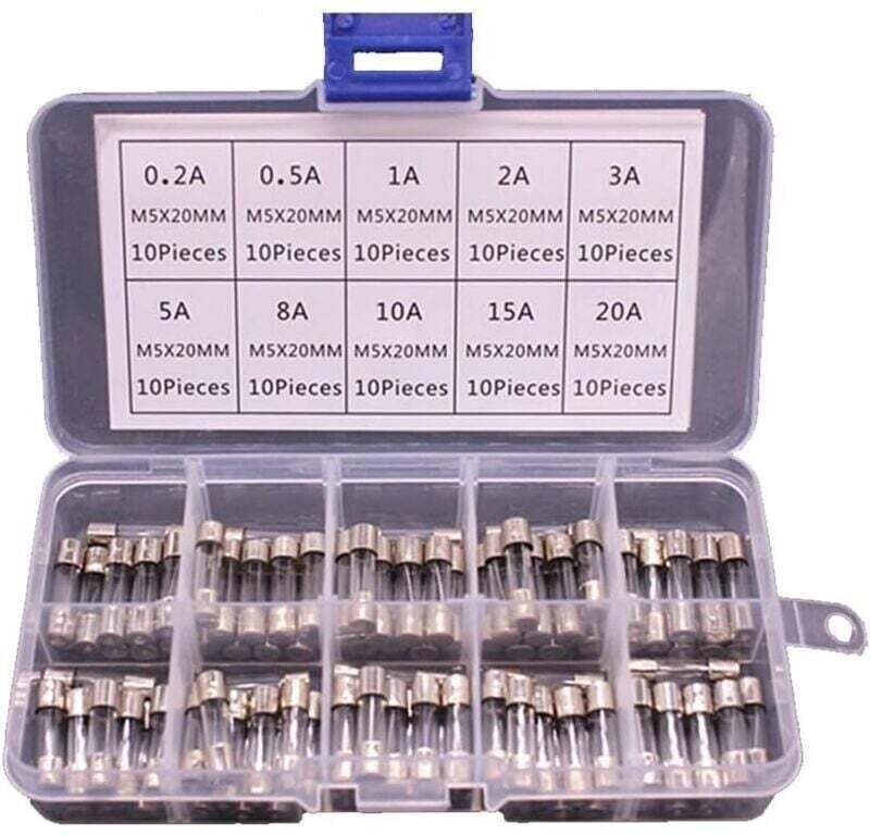 100 Glassicherungen, XU, 5 x 20 mm in einer Schachtel. Sicherungen von 0,2 A bis 20 A. Hochwertiges, langlebiges und zuv...