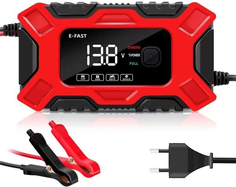 E-Fast 6A 12V Tragbares intelligentes Batterieladegerät, vollautomatisches 3-Stufen-Batterieladegerät für Autos, Motorrä...