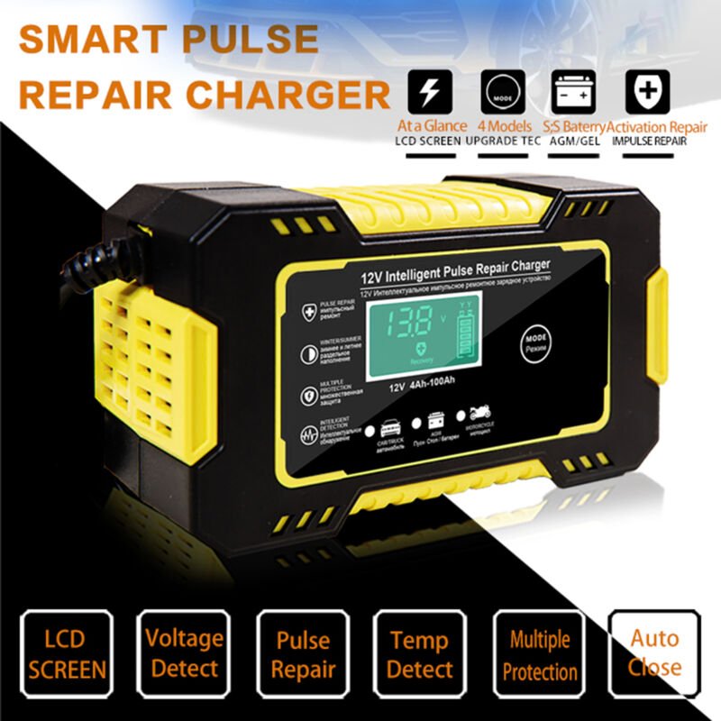 Autobatterieladegerät, 12V 6A, intelligentes automatisches Ladegerät mit LCD-Bildschirm, Impulsreparatur für Auto, Rasen...
