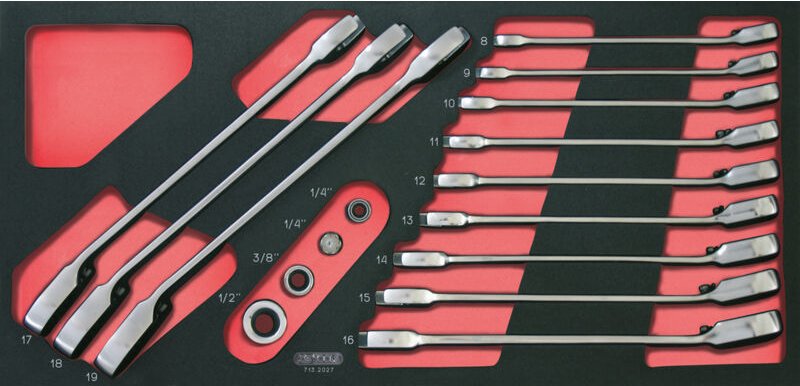 Ringmaulschlüsselmodul mit Umkehrratsche GEARplus® ks tools mit Adaptern - 16-teilig - 713.2027