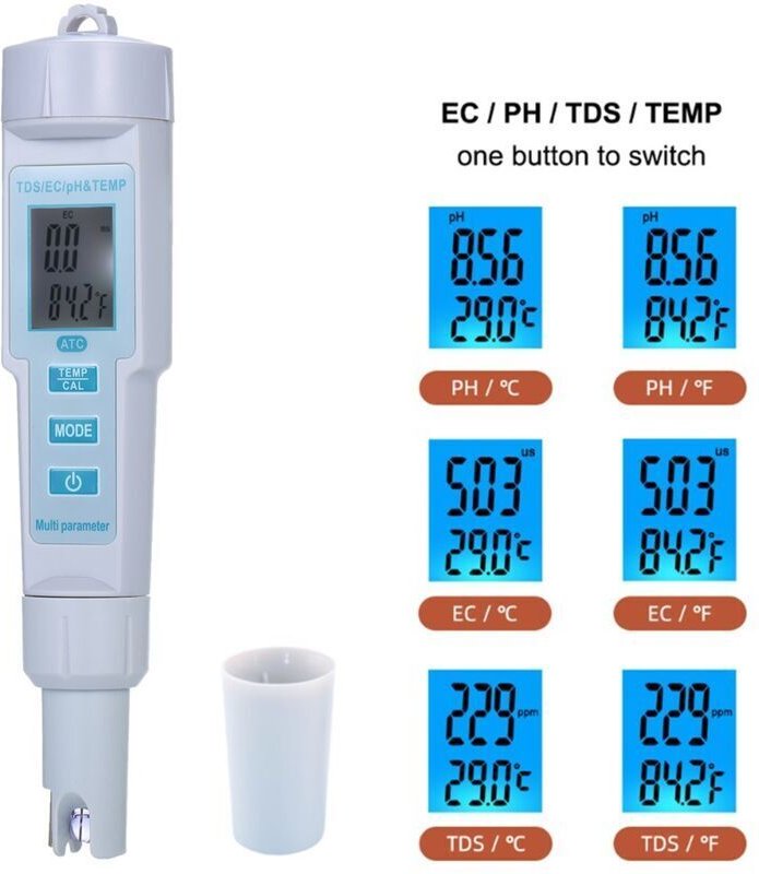Digitales 4-in-1-pH/EC/TDS-Messgerät und Temperaturmessgerät, hochpräziser Wasserqualitätstester mit einer pH-Genauigkei...