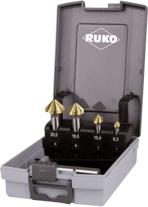 RUKO Kegel- und Entgratsenker-Satz DIN 335 Form C 90° HSS-TiN in ABS-Kunststoffkassette
