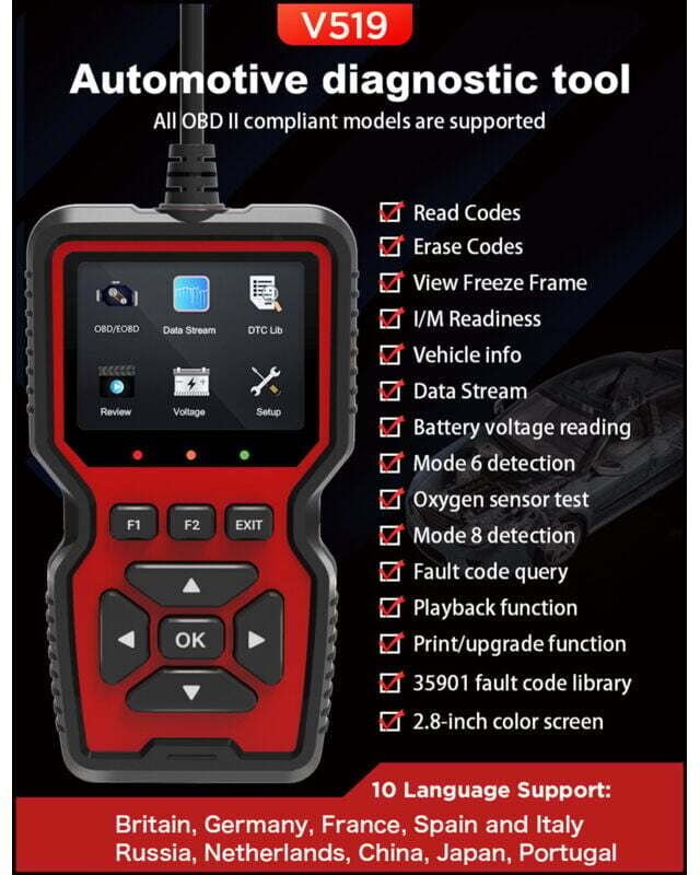 OBD2-Scanner V519 Pro – Kompatibel mit allen Fahrzeugen seit 1996 – Druckfunktion inklusive – Komplette Motordiagnose