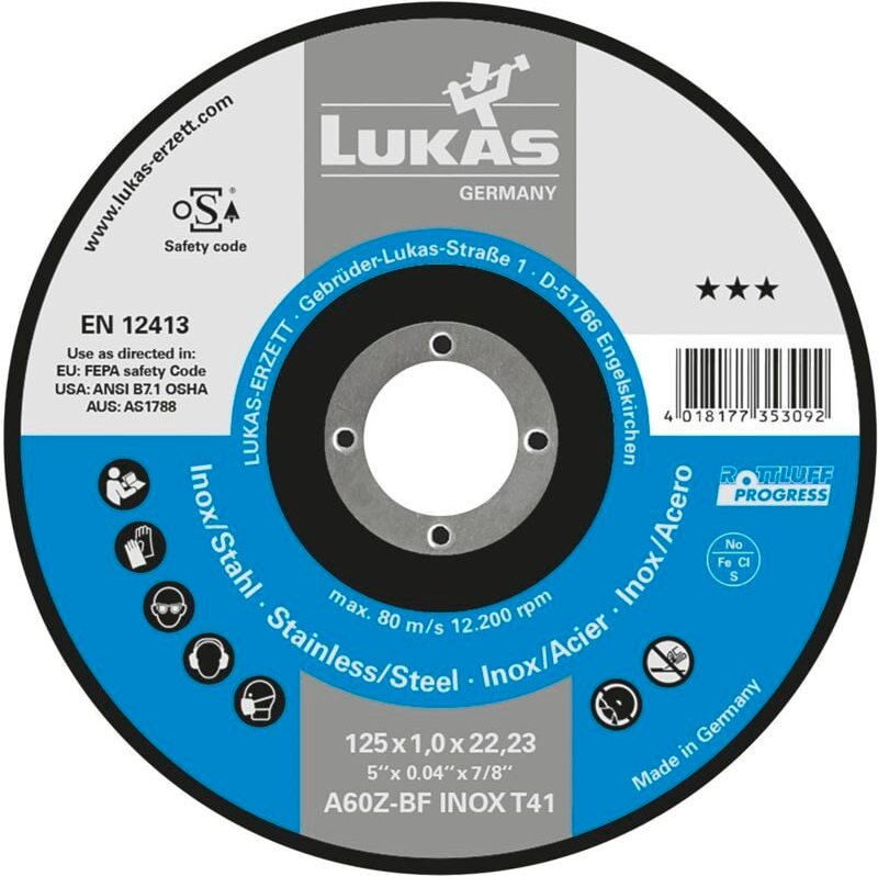 Lukas Trennscheiben Progress 125x1,6x22,23mm - Schleifscheibe für Stahl und Edelstahl, gerade Form T41