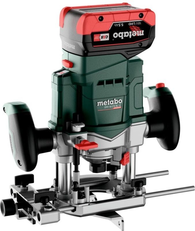 Metabo Akku-Oberfräse OFV 18 LTX BL 12, incl. 2x Akku LiHD 5,5 Ah, Schnellladegerät, Zubehör, metaBOX