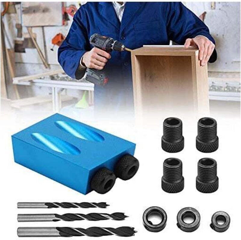14-teiliges Taschenlochbohrset, 15°-Holzbearbeitungsführung, Schräglochpositionierer aus Aluminiumlegierung mit Adapter ...