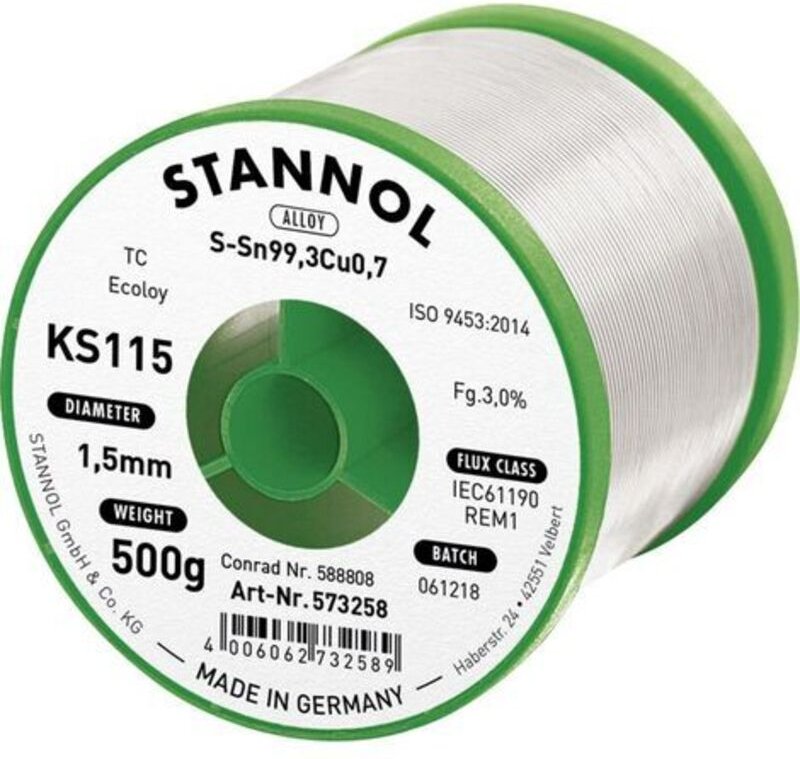KS115 Lötzinn, bleifrei Spule Sn99,3Cu0,7 ROM1 500 g 1.5 mm - Stannol