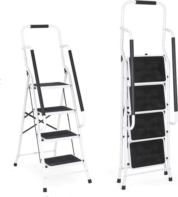 Trittleiter 4 Stufen klappbar, 4 Stufen Trittstufe Klappleiter mit Handlauf Trittleiter, Trittleiter Stabil Stahl Tritt ...