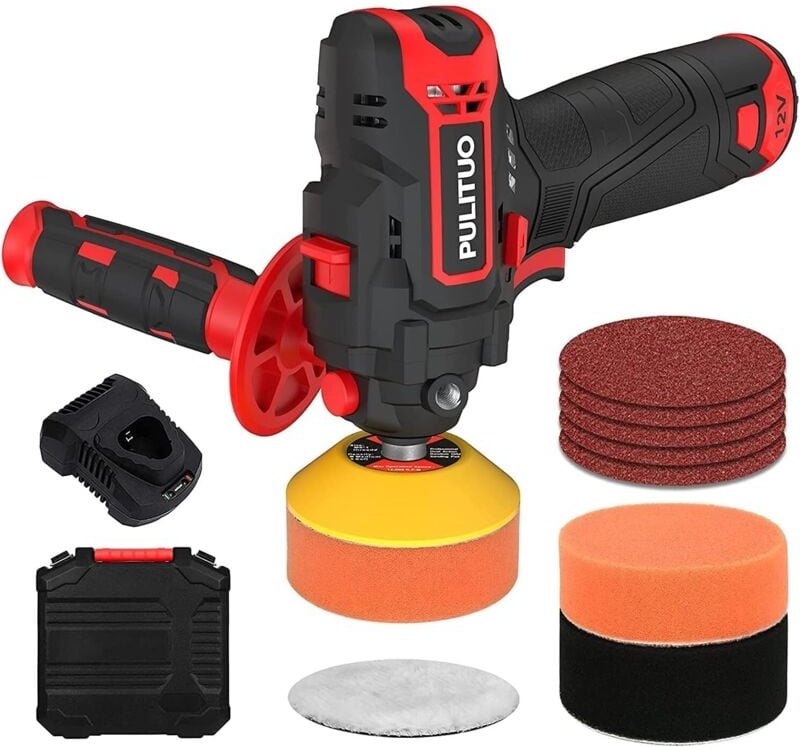 PULITUO Autopolierer, 12-V-Polierer, 3-Zoll-Akku-Polierer, variable Geschwindigkeit 2600–7800 U/min, 8 Polierpads, 2,0-A...