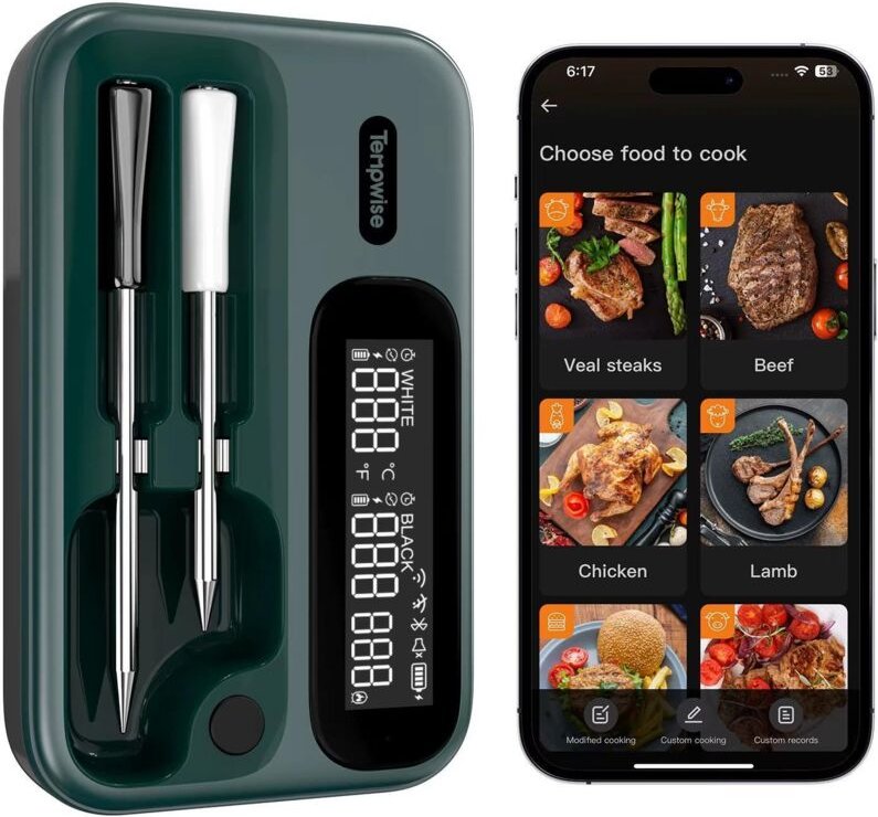 TNT-2BW BBQ-Küchenthermometer, 5G+2,4G WLAN, Bluetooth, IP67 wasserdicht, mit 2 Sonden zum Kochen und Grillen