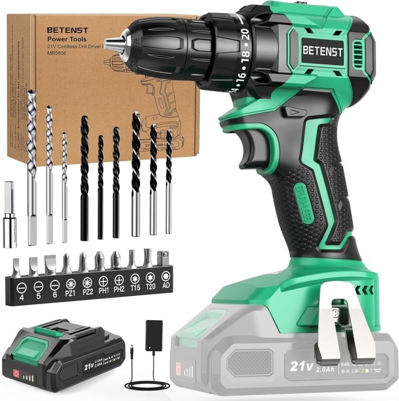 Bürstenloser Akku-Bohrschrauber, 21-V-Akkuschrauber mit 2,0-Ah-Akku, 45 Nm maximales Drehmoment, 20+1 Drehmomenteinstell...