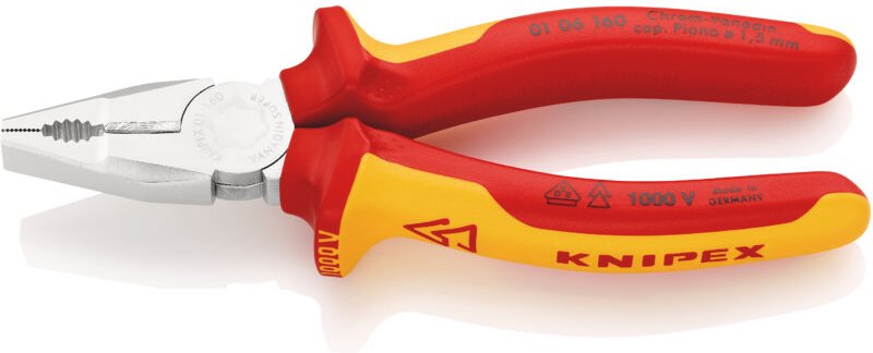 KNIPEX 01 06 160 Kombizange Chrom-Vanadin isoliert mit Mehrkomponenten-Hüllen, VDE-geprüft verchromt 160 mm