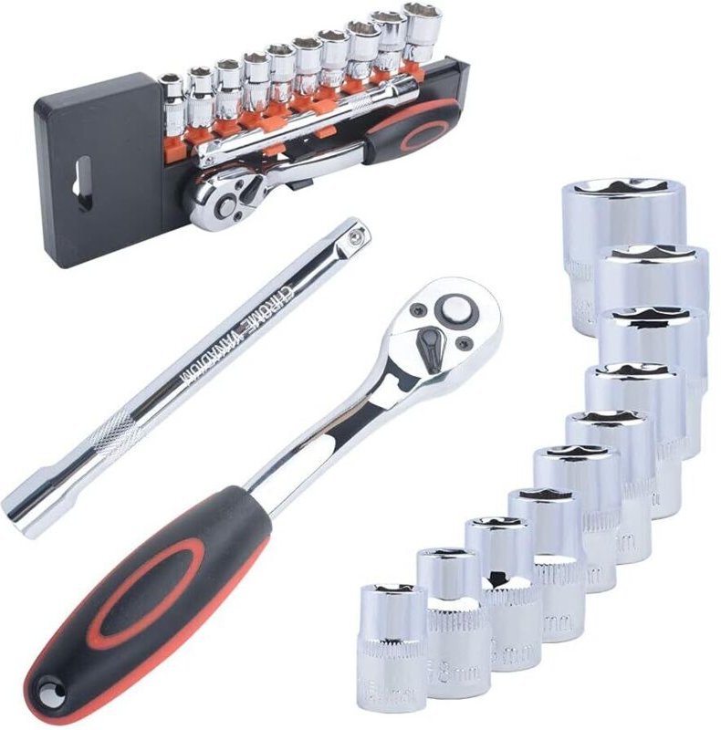 12-teiliger Steckschlüsselsatz mit 3/8-Zoll-Ratschen, 8-mm-19-mm-Sechskanteinsätzen und umschaltbarer 200-mm-Cr-V-Ratsch...