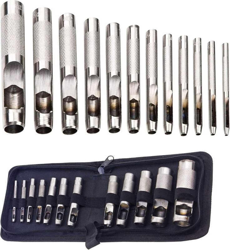 12-teiliges Stanzwerkzeug-Set für hohles Leder, für Leder, Uhrenarmbänder, Segeltuch, Ösen 3 mm – 19 mm (Metall)