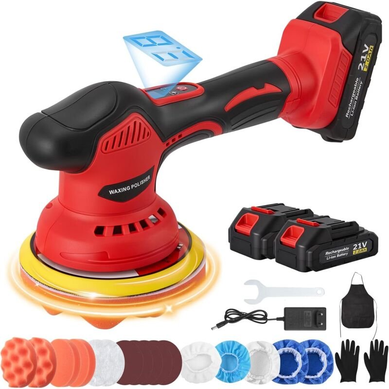 Akku-Poliermaschine, 21V Poliermaschine mit 2 Akkus, 8 variable Geschwindigkeiten 2800-5500 U/min, Exzenterpolierset für...